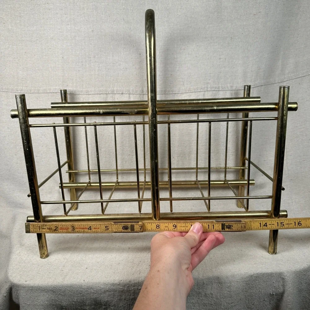 Vintage Mid Century Modern Brass Tone Wire Magazine Rack Record Holder MCM Gold